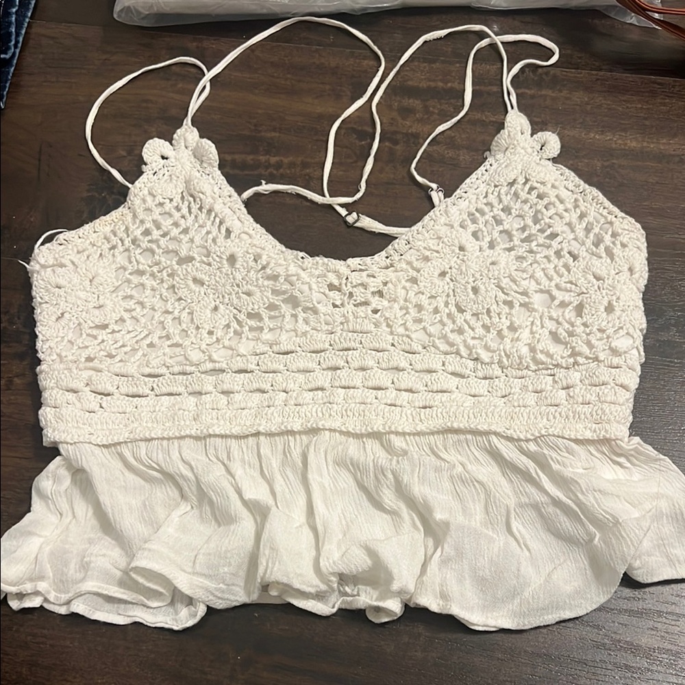 White Crochet Ruffle Top
